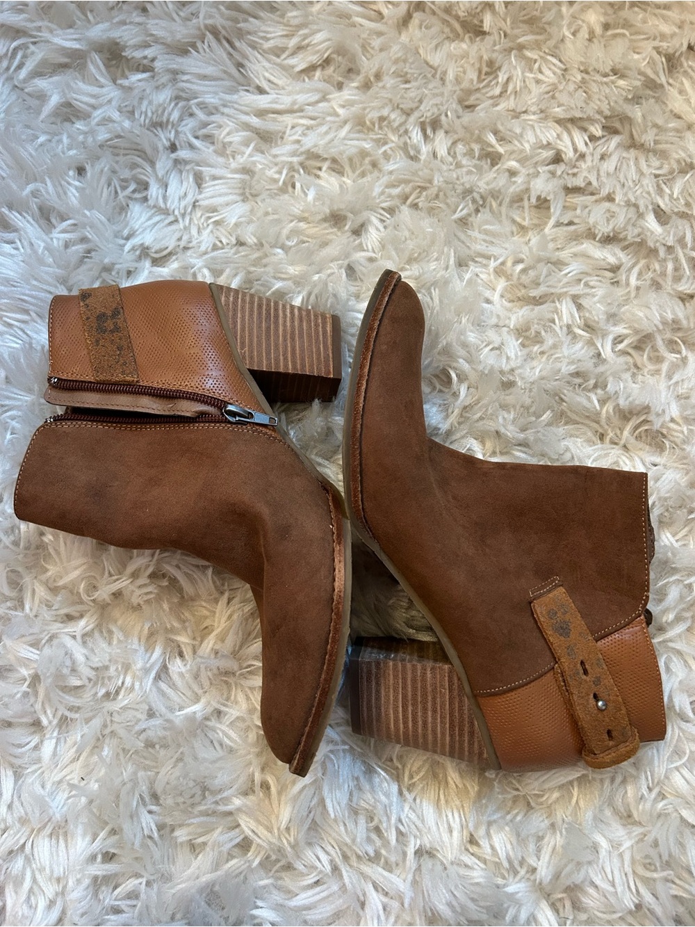 Dolce Vita Cognac Suede Ankle Booties with Stacked Heel